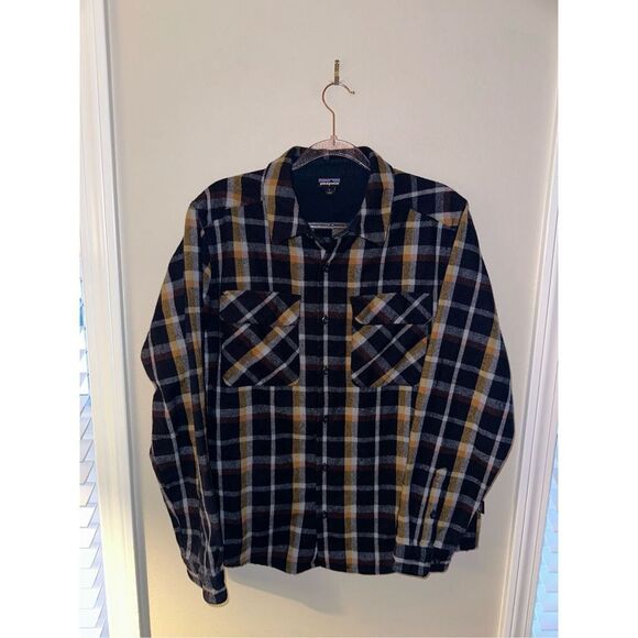 Men's Patagonia Recycled Wool Flannel Large Navy Yellow - Picture 1 of 5